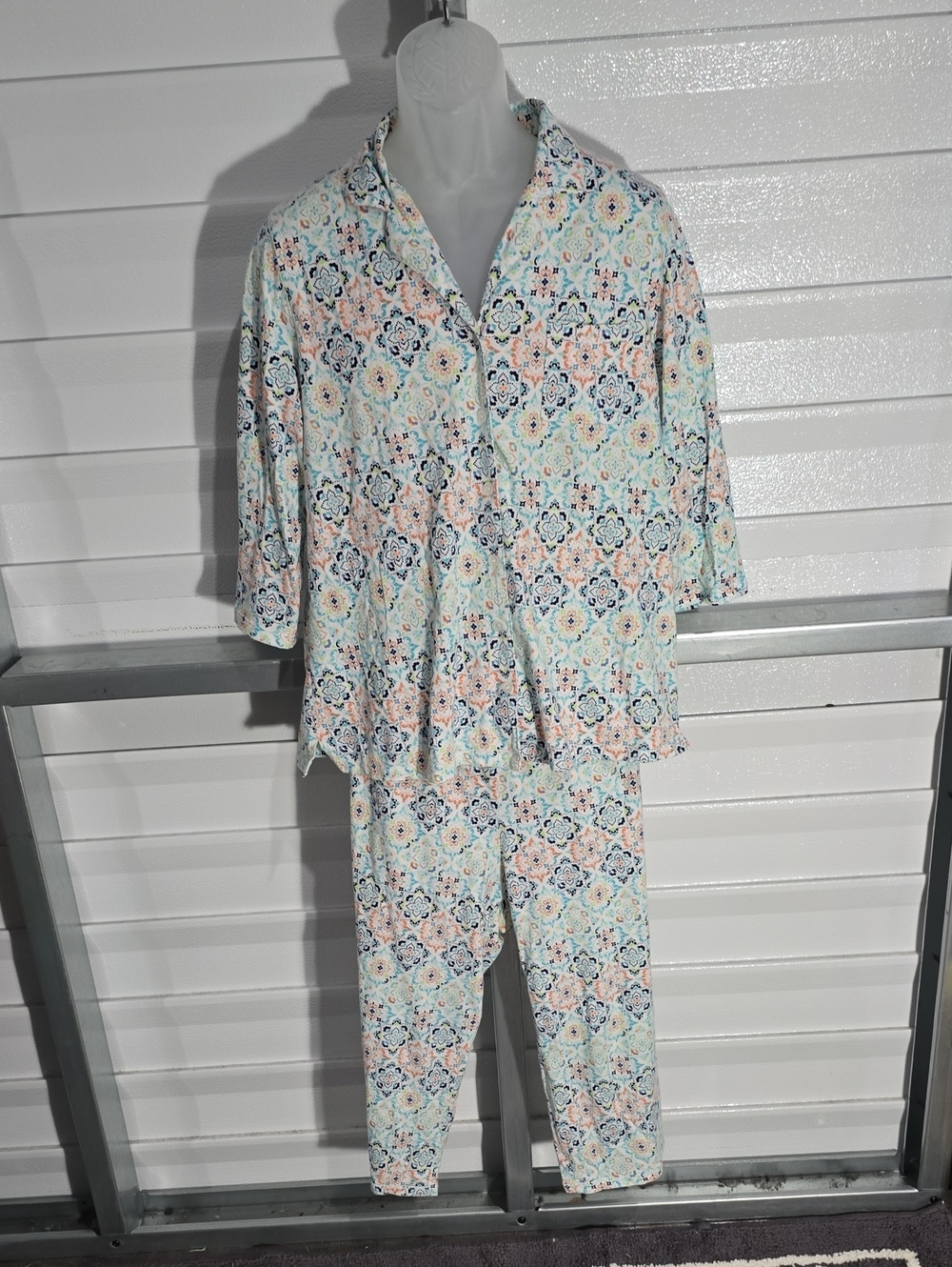 Kim Rogers Pastel Tile-Print Pajama Set in Light Blue, Pink & Green Size XL